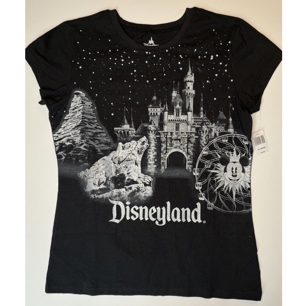 Vtg Disney Parks Disneyland Silver Foil Park Design Shirt BLK NWT Size XL 2002